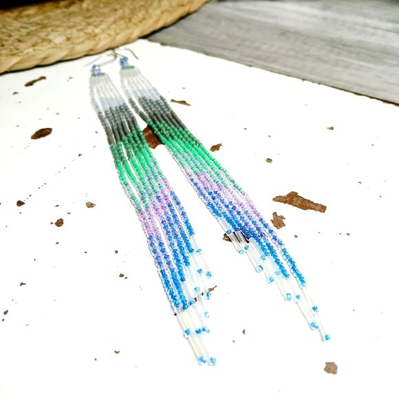 Long Boho Beaded Cascade Fringe Dangle Earrings, Seed Bead Jewelry 8" - Picture 4 of 7